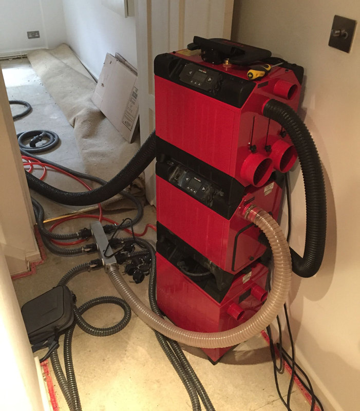 Professional water damage restoration equipment in use